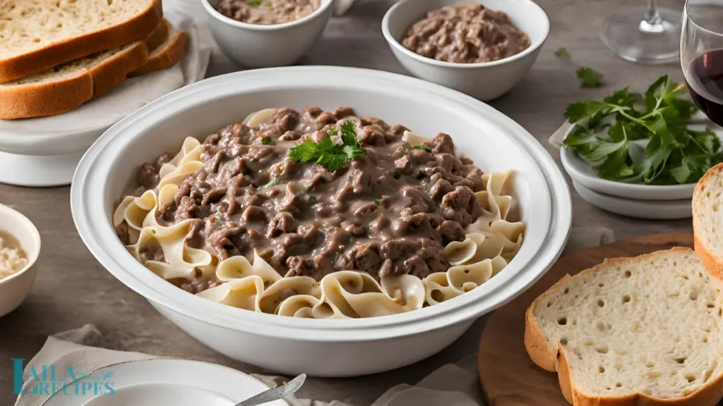 Ground beef cooking in a skillet with onions and garlic.
