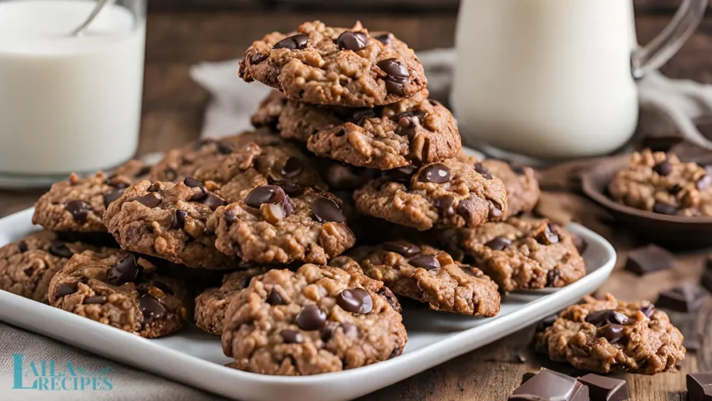 A set tray of no-bake cookies cooling on wax paper with chocolate drizzles on top.