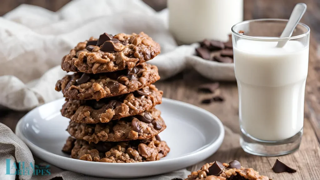 A close-up of freshly made no-bake chocolate oatmeal cookies on a white plate.