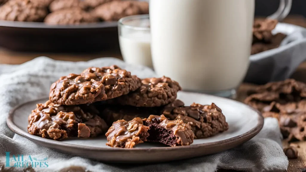 A stack of no-bake chocolate oatmeal cookies on a wooden board with a glass of milk in the background.