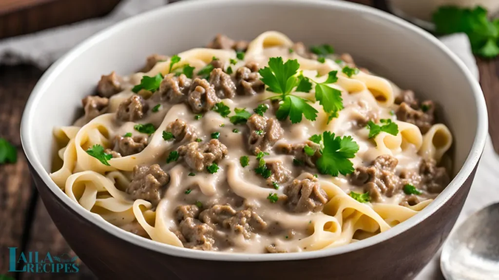 Ingredients for Ground Beef Stroganoff displayed on a counter.