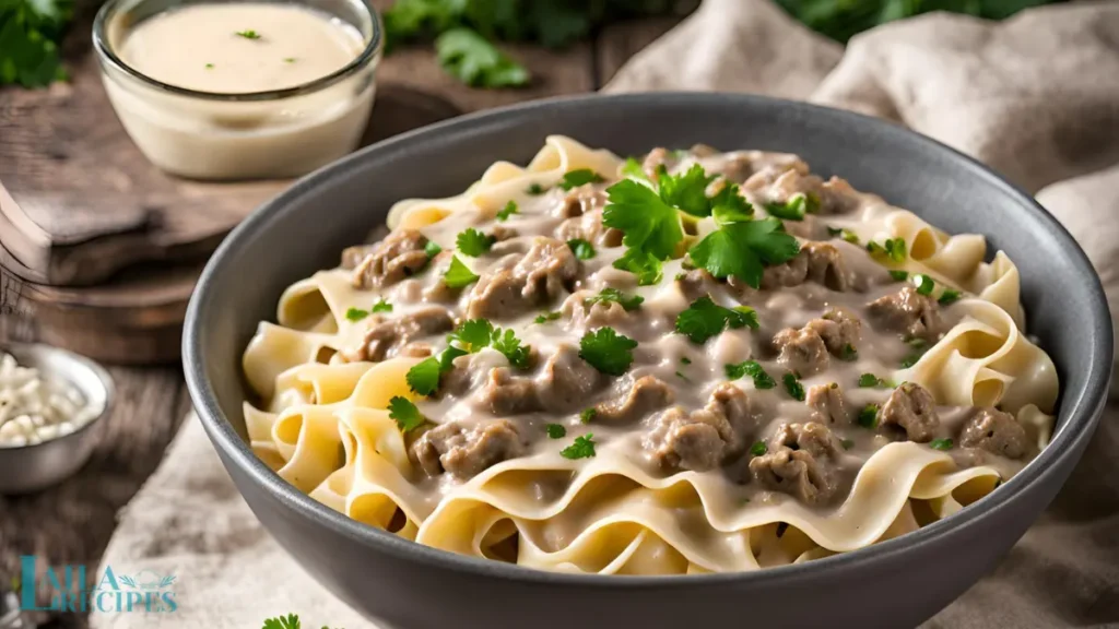 Egg noodles topped with savory ground beef stroganoff sauce.