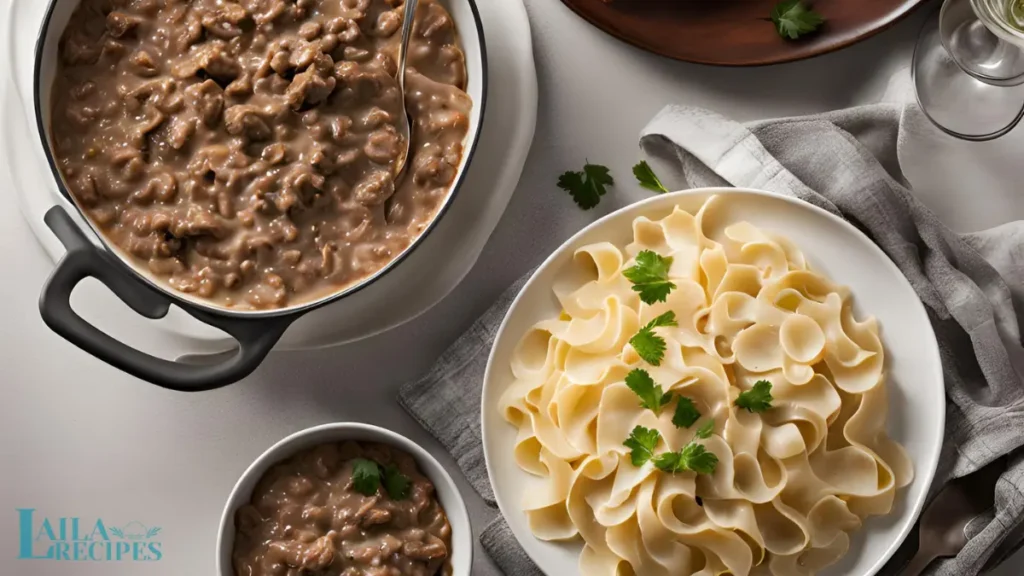 Bowl of creamy Ground Beef Stroganoff with parsley garnish.