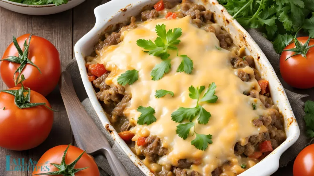 Cooked pasta mixed with beef and tomato sauce in a large bowl