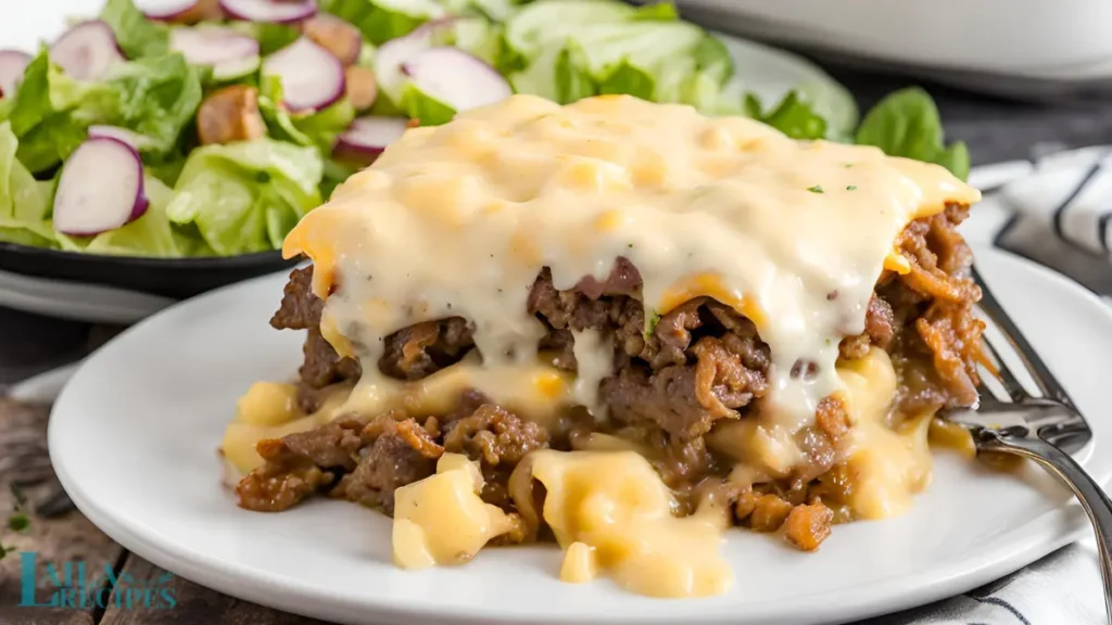 Golden, bubbly cheese on a freshly baked hamburger casserole
