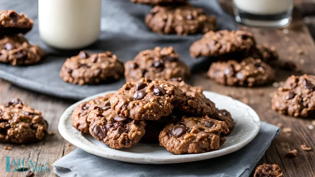 A spoon scooping the no-bake cookie mixture onto parchment paper.