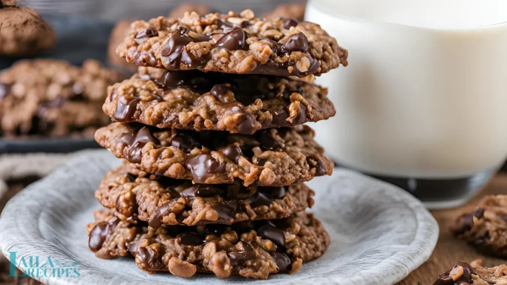 A baking sheet lined with freshly portioned no-bake cookie mounds.