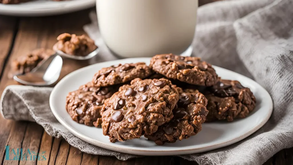 A hand picking up a no-bake cookie from a cooling rack.