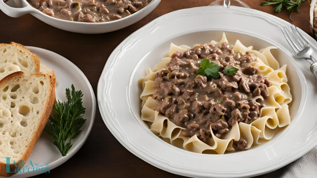 Finished stroganoff simmering in a creamy sauce.