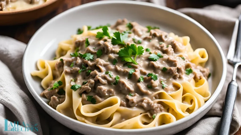 Noodles being tossed with the stroganoff sauce.