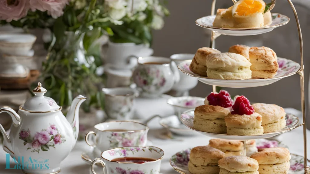 urrounded by a porcelain teacup, saucer, and teapot. Clotted cream and jam are placed nearby with a vase of fresh flowers in the background.