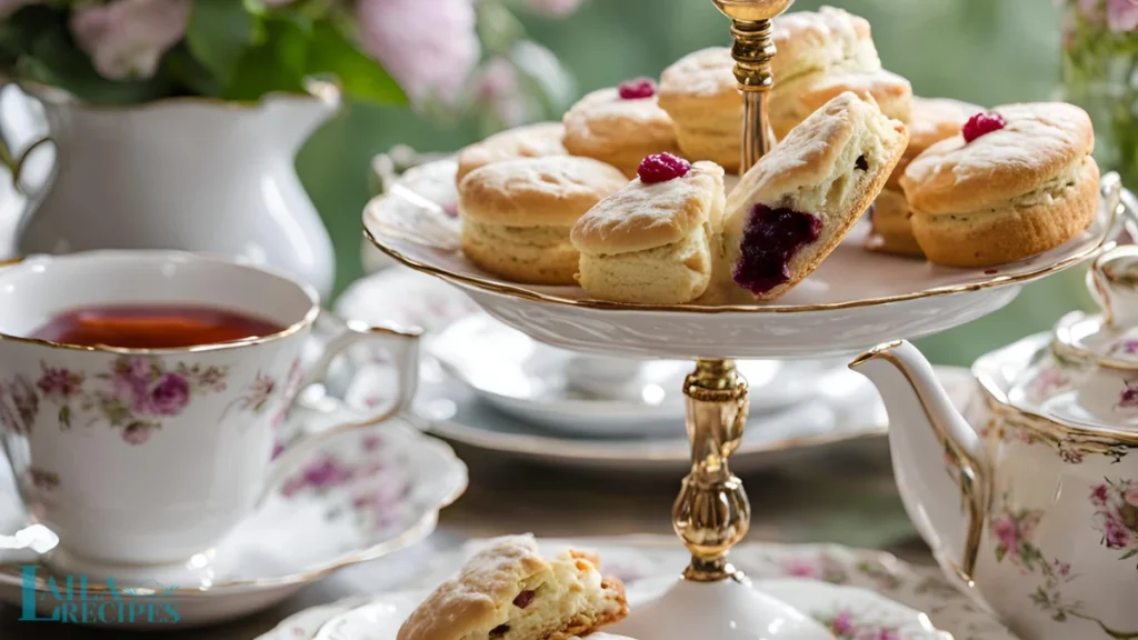 urrounded by a porcelain teacup, saucer, and teapot. Clotted cream and jam are placed nearby with a vase of fresh flowers in the background.