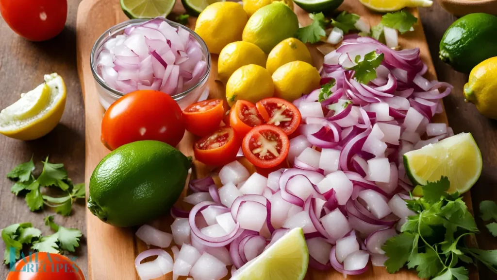Ingredients for ceviche laid out on a wooden countertop, including raw shrimp, lime, and vegetables.