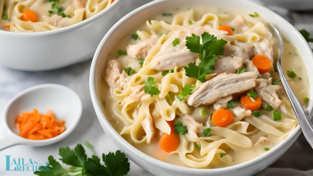 Chicken and Noodles Recipe in a bowl with creamy broth