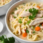 Chicken and Noodles Recipe in a bowl with creamy broth