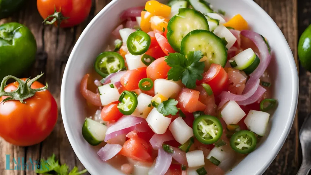 Fresh shrimp marinating in citrus juice in a glass bowl.