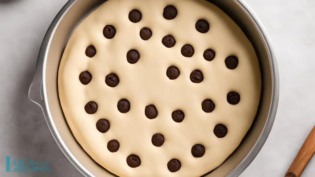 Ingredients for cookie cake recipe: flour, sugar, butter, eggs, chocolate chips, and vanilla.
