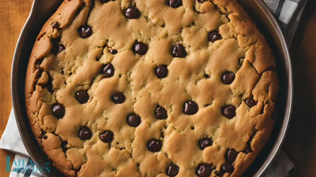 Cookie dough pressed evenly into a round cake pan before baking.