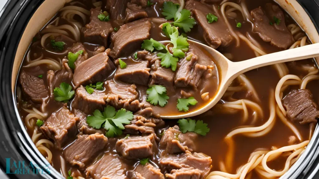 Slow cooker filled with beef and broth mixture.
