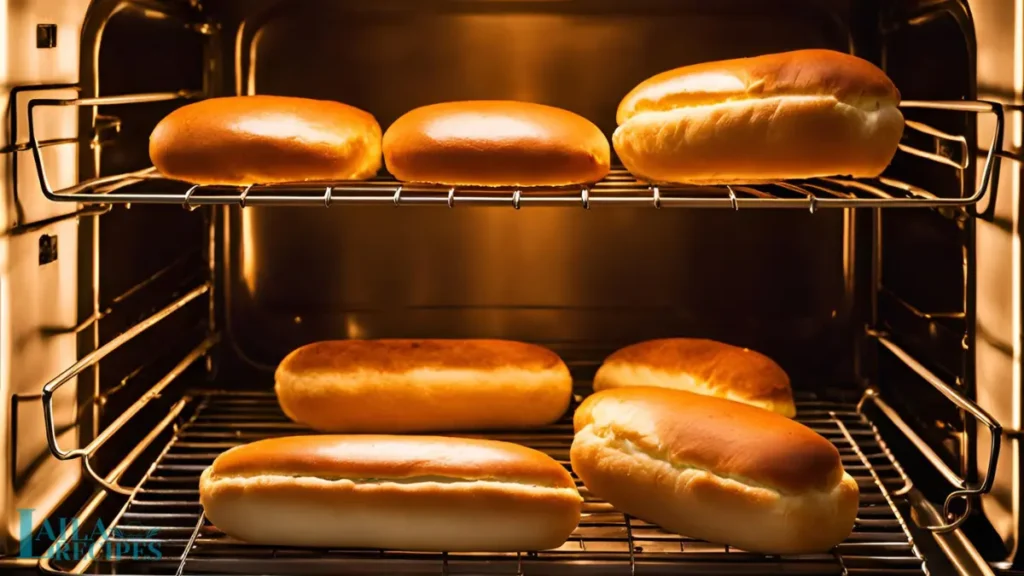 Unbaked hot dog buns rising on a tray as part of an easy homemade hot dog buns recipe.