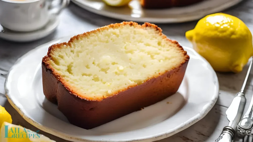 Ingredients for lemon pound cake, including flour, butter, sugar, eggs, and fresh lemons, arranged on a wooden countertop.