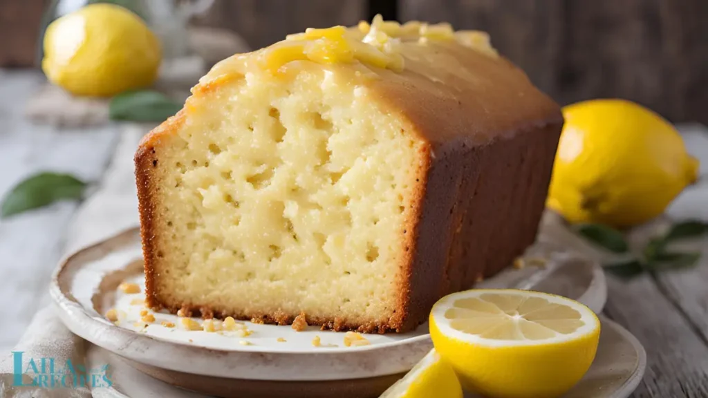 A whole cake garnished with candied lemon slices and a dusting of powdered sugar for decoration.