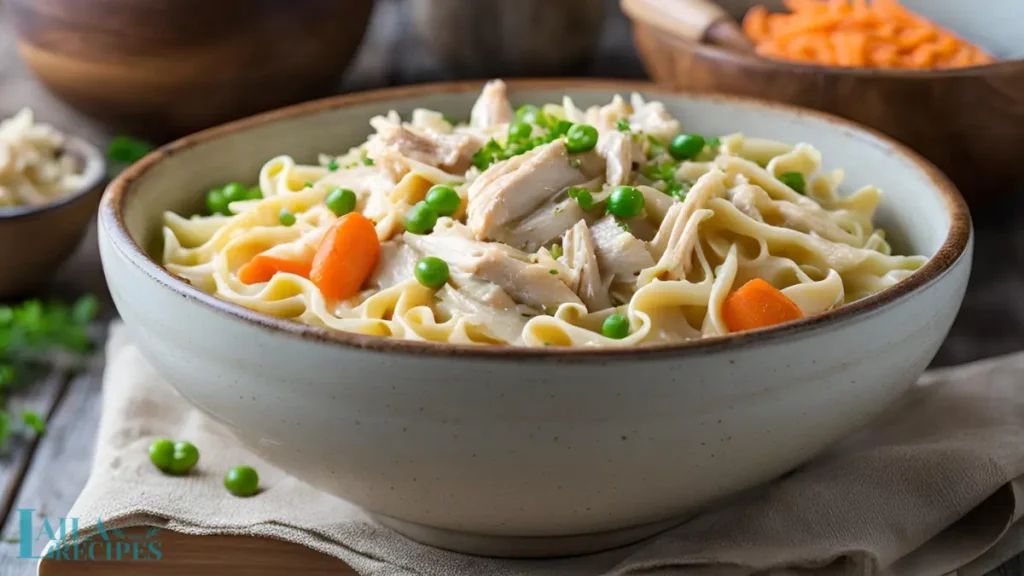 Wide egg noodles with tender shredded chicken in broth