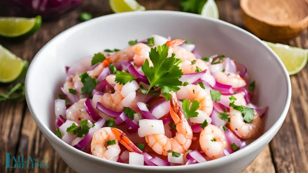 Bowl of shrimp marinating in lime and lemon juice.
