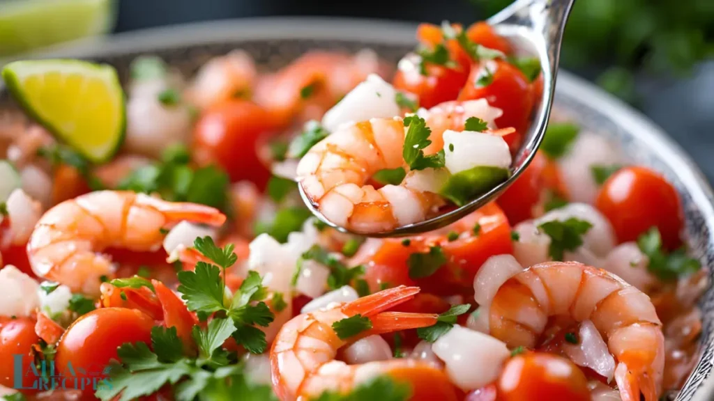 Freshly made shrimp ceviche served with tortilla chips.