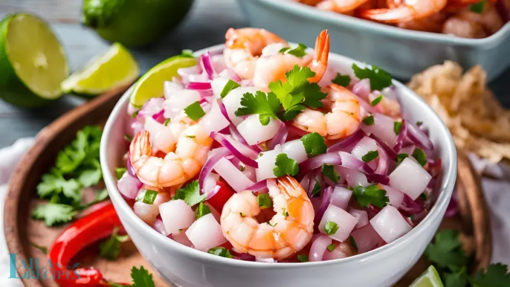 Lime juice being poured over shrimp in a bowl.