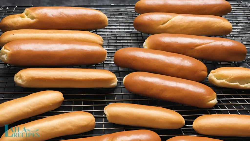 Freshly baked homemade hot dog buns recipe with golden brown crust cooling on a wire rack.