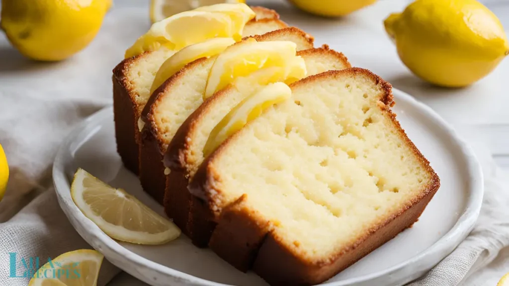 Close-up of a freshly baked lemon pound cake topped with a glossy lemon glaze.