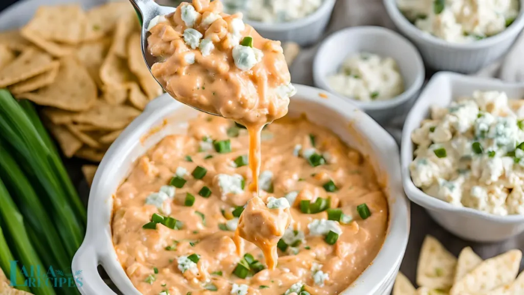 Shredded chicken being added to a crock pot for Buffalo Chicken Dip preparation.