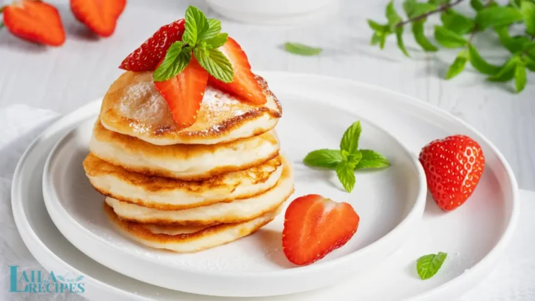 Fluffy mini pancakes stacked with fresh fruit and syrup.