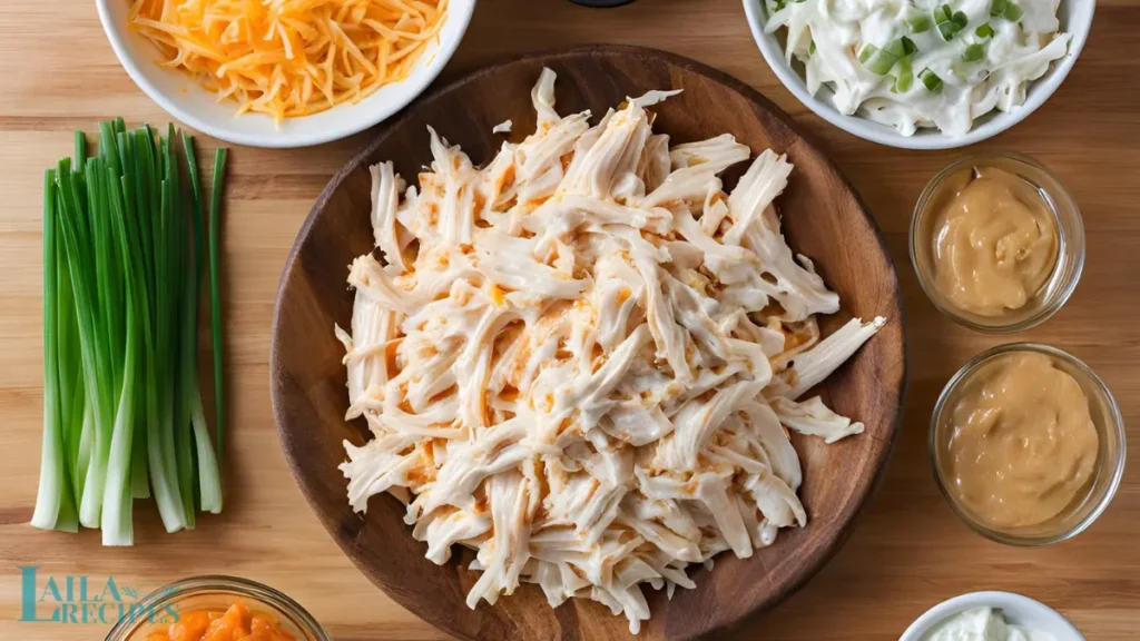 Buffalo Chicken Dip served with celery sticks, crackers, and tortilla chips for dipping.