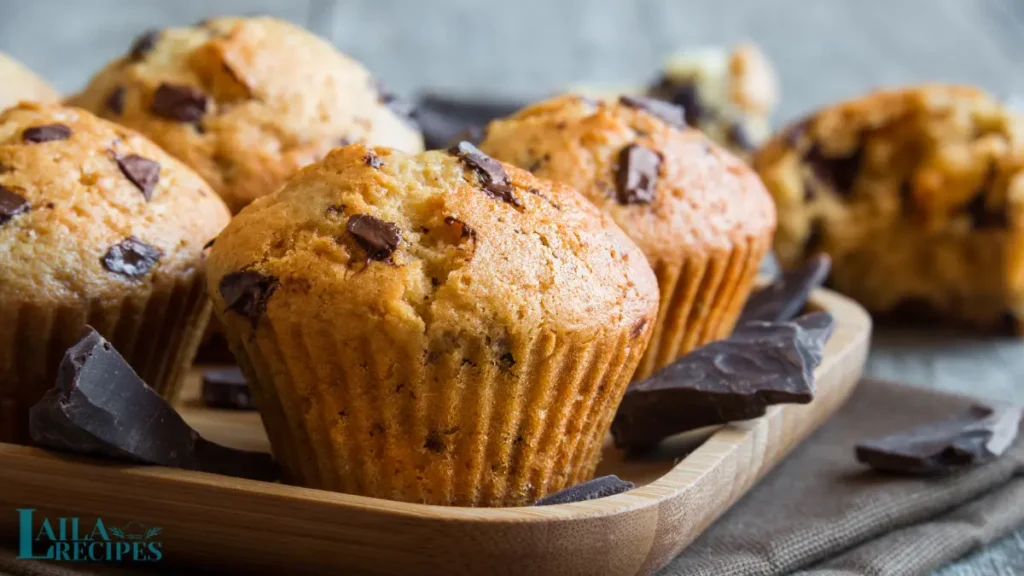 Golden muffins with chocolate chips peeking through the tops.