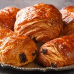 Freshly baked chocolate croissants on a wooden board.