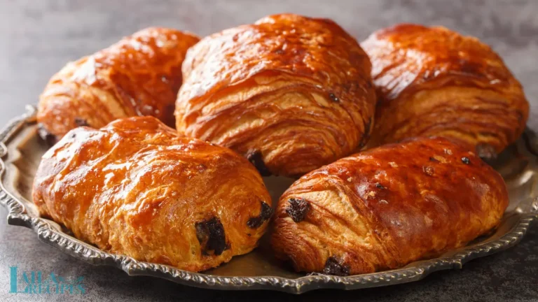 Freshly baked chocolate croissants on a wooden board.