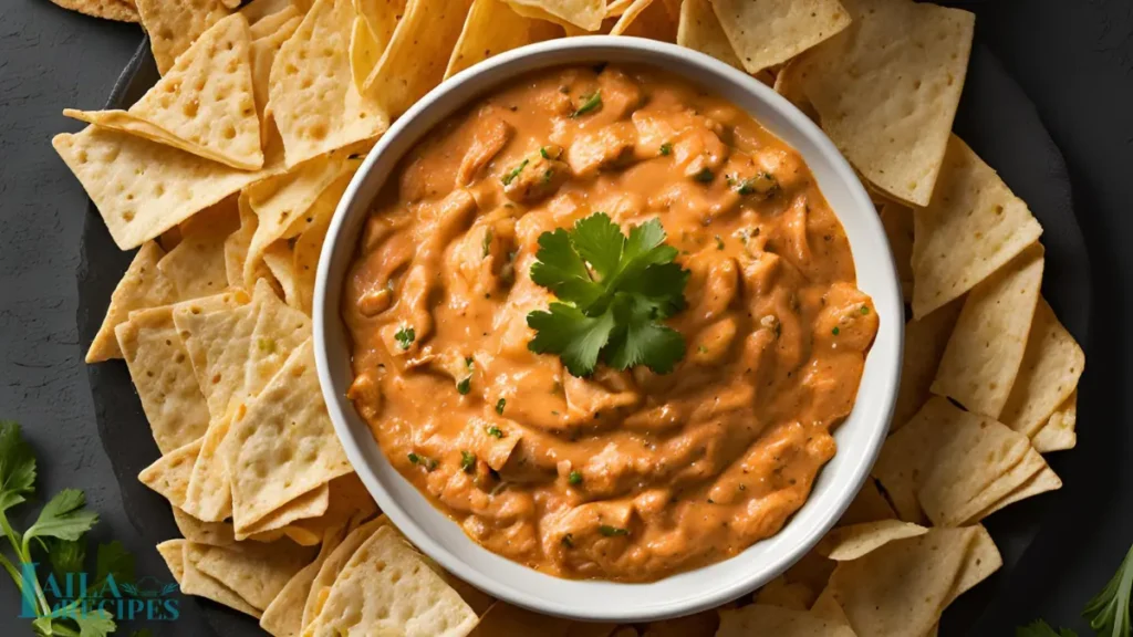 Creamy Buffalo Chicken Dip served in a crock pot with tortilla chips on the side.