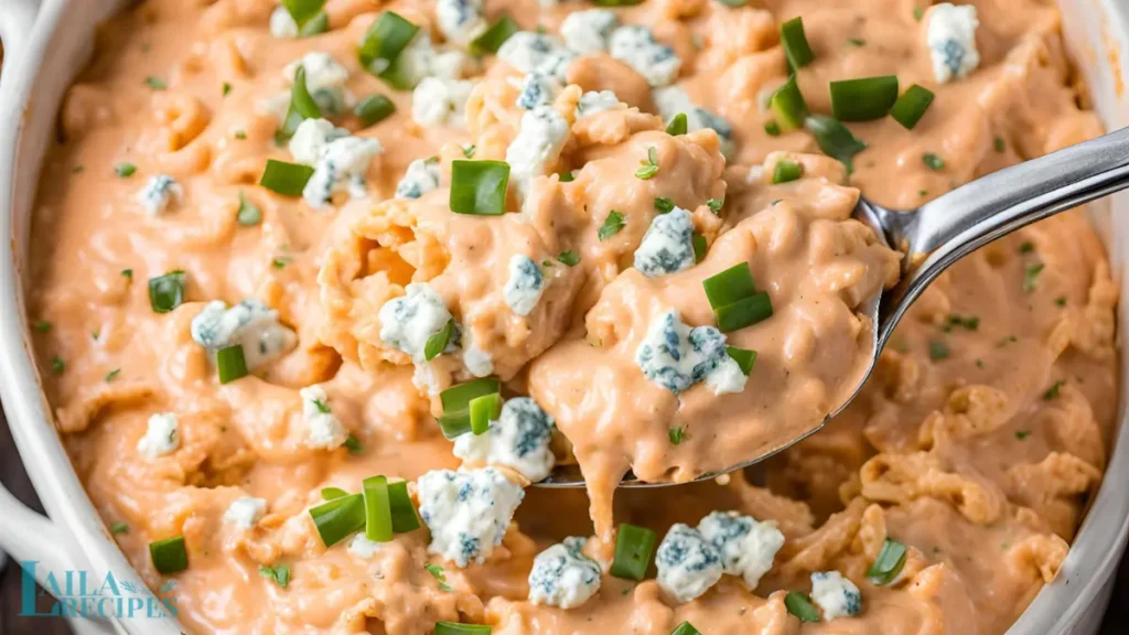 Close-up of a cheesy dip served with tortilla chips and celery sticks.