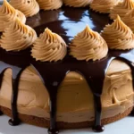 Creamy peanut butter frosting being spread on the first cake layer with a spatula.