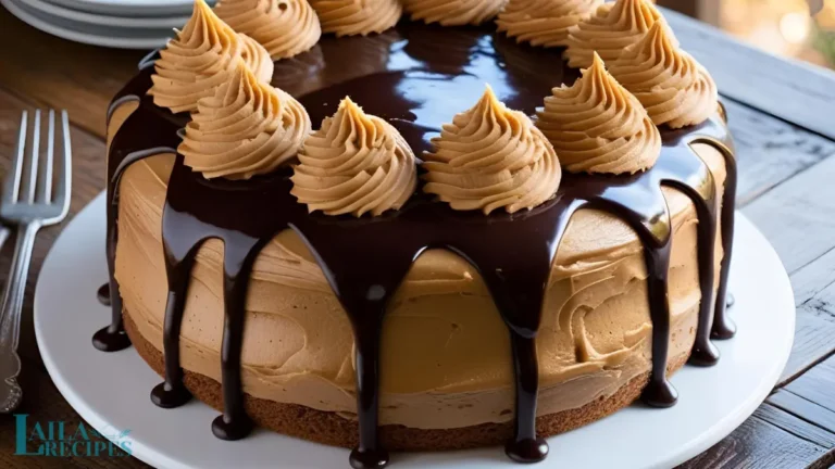 Creamy peanut butter frosting being spread on the first cake layer with a spatula.