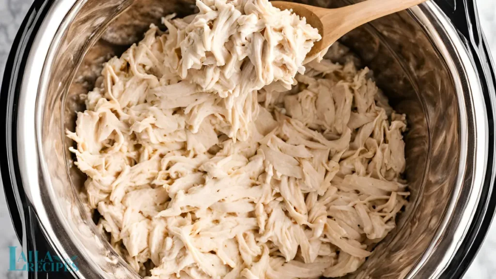 Slow cooker filled with creamy, spicy dip topped with melted cheese.